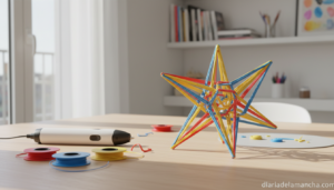 Figura tridimensional creada con lápiz 3D junto a bobinas de filamento de colores