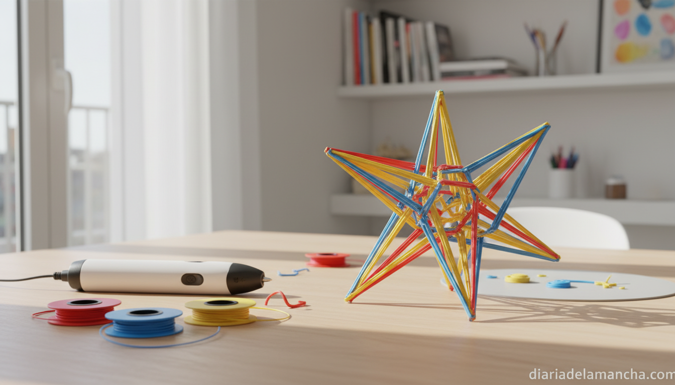 Figura tridimensional creada con lápiz 3D junto a bobinas de filamento de colores