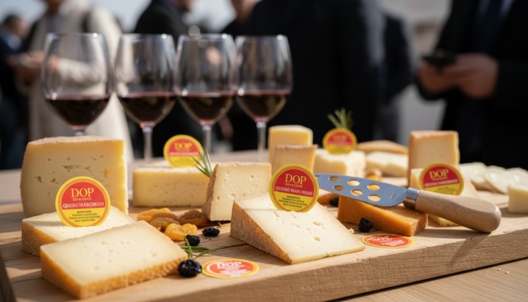 Tablas de quesos manchegos curados, semicurados y añejos sobre tabla de madera rustica, con un cuchillo de queso y cuñas c...