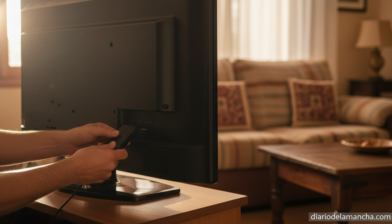 El Fire TV Stick HD a menos de 27 €: transforma tu televisor antiguo en una smart TV fácilmente 1 Fire TV Stick HD conectado a un televisor antiguo en un salón español