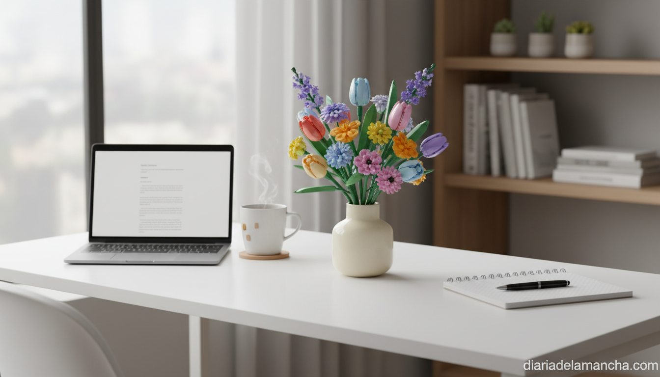 Flores LEGO Botanicals decorando un escritorio de oficina en casa