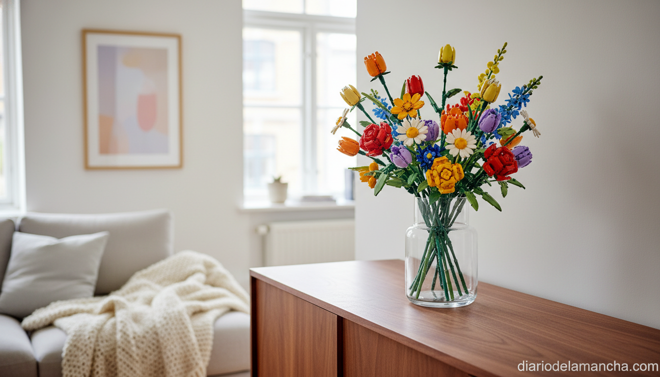 Ramo de flores LEGO Botanicals decorando un salón moderno en primavera
