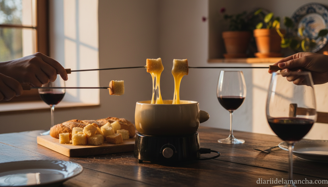 Fondue eléctrica de queso en mesa de comedor con pan y vino