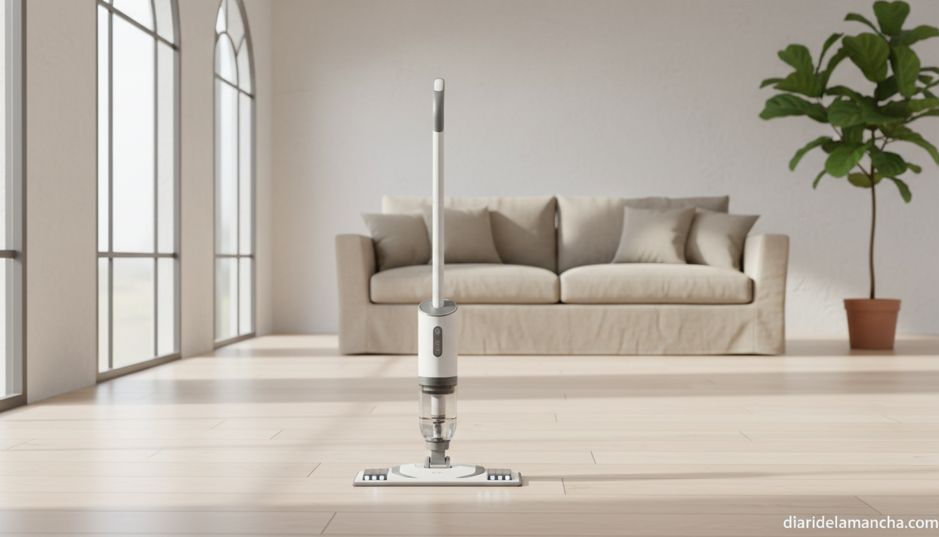 Fregona eléctrica inalámbrica en salón con suelo de madera