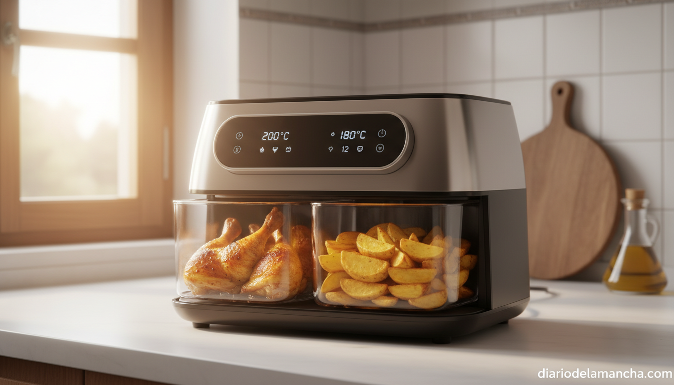 Freidora de aire de doble cesta cocinando pollo y patatas en una cocina española