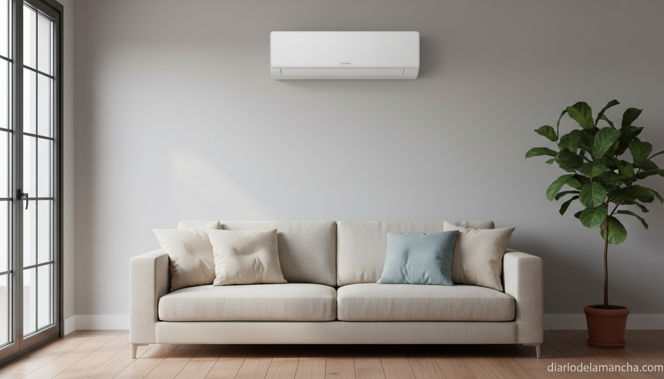 Fujitsu ofrece aire acondicionado silencioso a solo 20 dB, ¡ahorra en tu factura de luz con esta oferta! 1 Aire acondicionado split Fujitsu AirStage instalado en salón moderno español con tecnología inverter A++