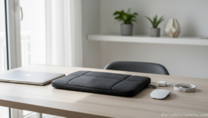 Funda acolchada para portátil con cargador y ratón sobre escritorio de madera