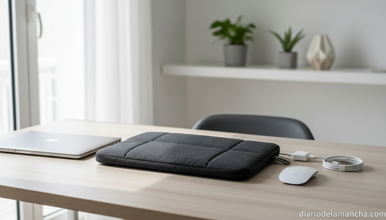 Funda acolchada para portátil con cargador y ratón sobre escritorio de madera