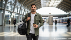 Persona viajando en estación de tren con mochila y funda para portátil dentro