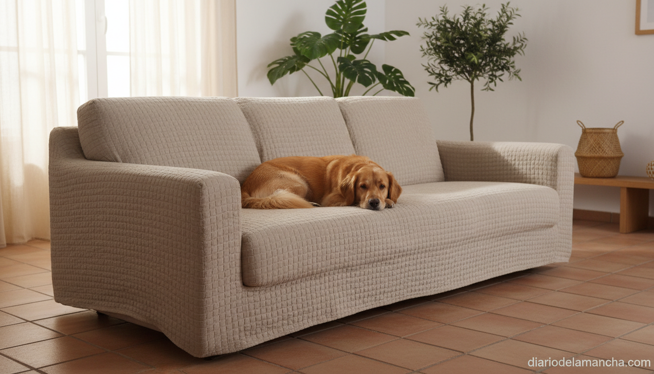 Fundas de sofá antipelo: comparamos cuatro modelos en Amazon 1 Funda de sofá antipelo protegiendo un sofá con un perro descansando encima en un salón moderno