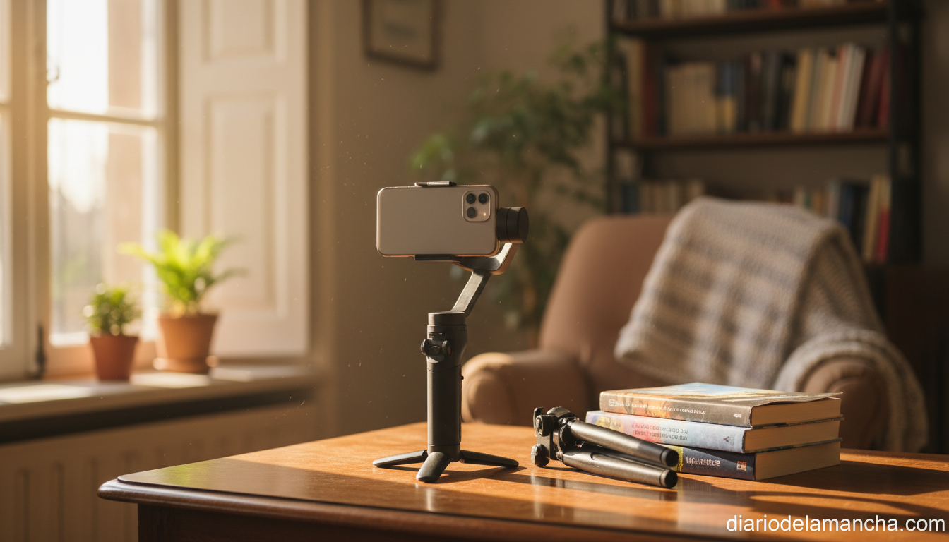 Gimbal estabilizador para móvil junto a trípode de viaje sobre mesa de madera
