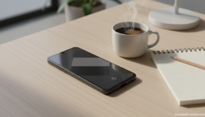 Google Pixel 9 sobre escritorio de madera con cuaderno y café