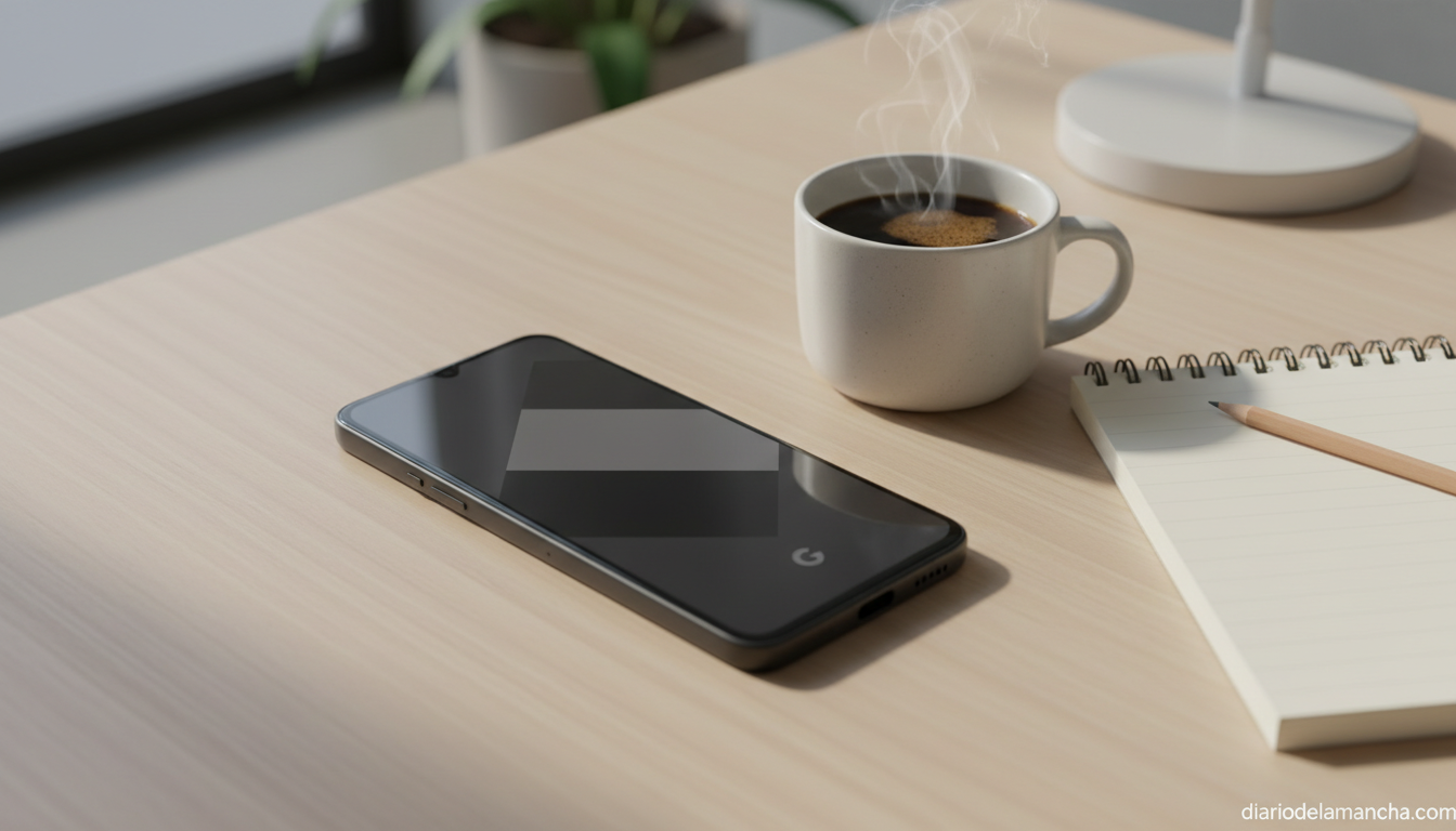 Google Pixel 9 sobre escritorio de madera con cuaderno y café