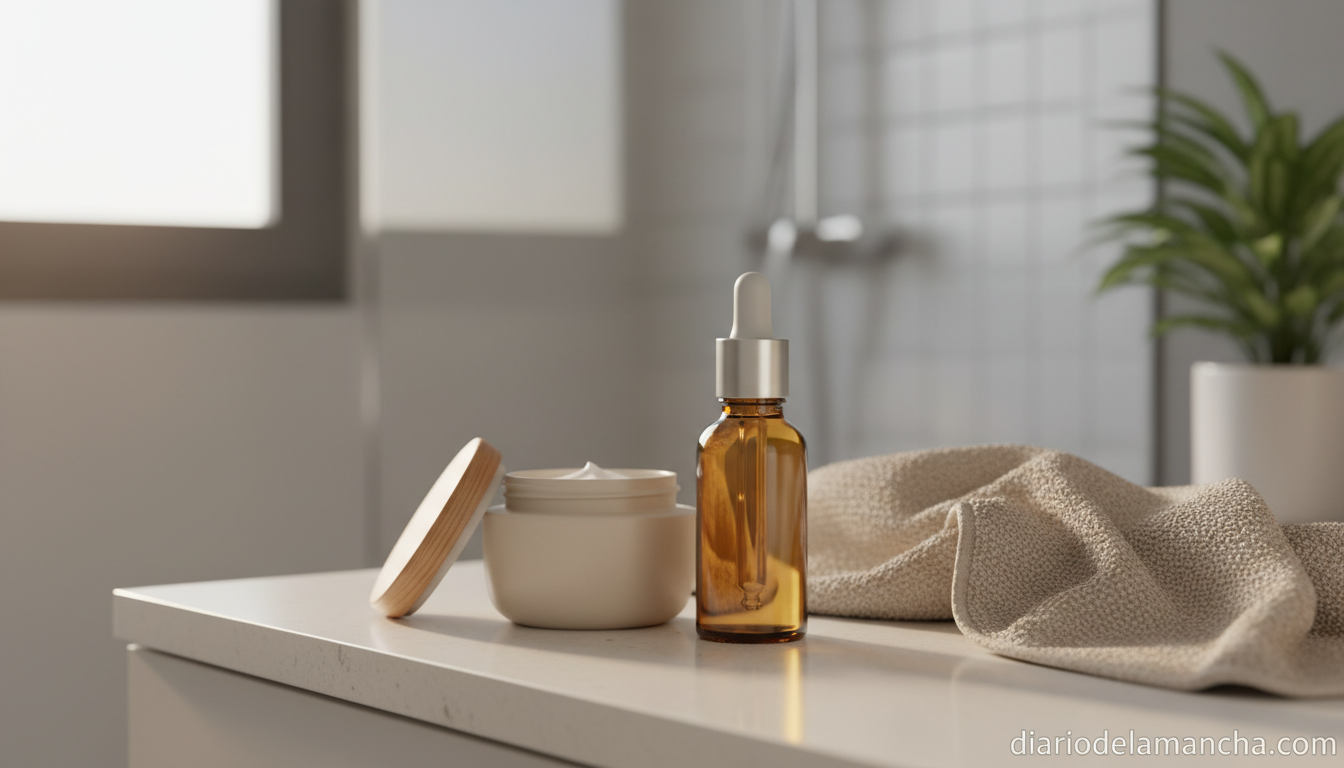 Gotas autobronceadoras faciales sobre una encimera de baño junto a crema hidratante