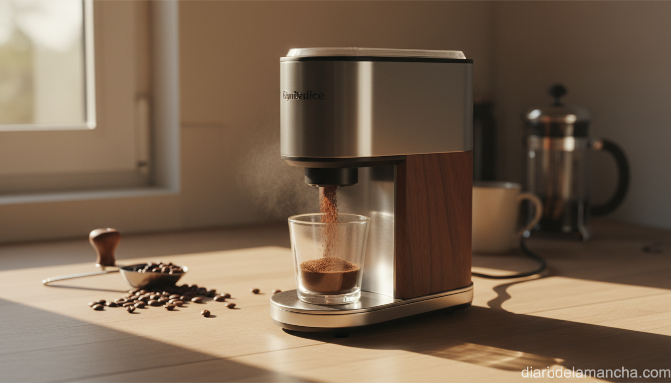 Molinillo eléctrico moliendo granos de café tostados sobre encimera de cocina con luz natural