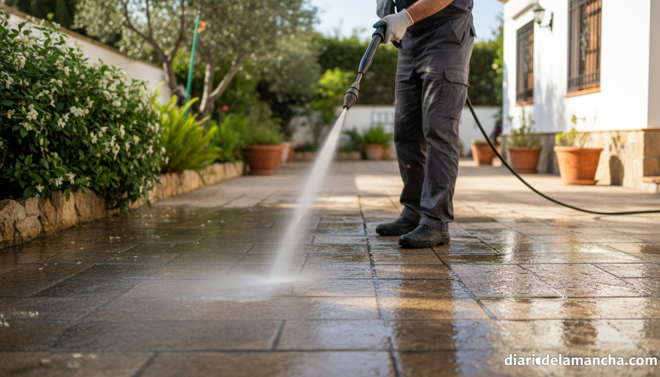 Hidrolimpiadora Cecotec limpiando una terraza de piedra en jardín exterior
