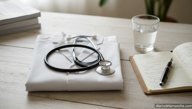 Bata blanca de médico y estetoscopio sobre una mesa de madera, símbolo de la atención humanizada en el sistema sanitario público
