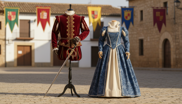 Editorial photograph of a Renaissance festival costume on display in a Spanish village square: 16th-century Spanish double...