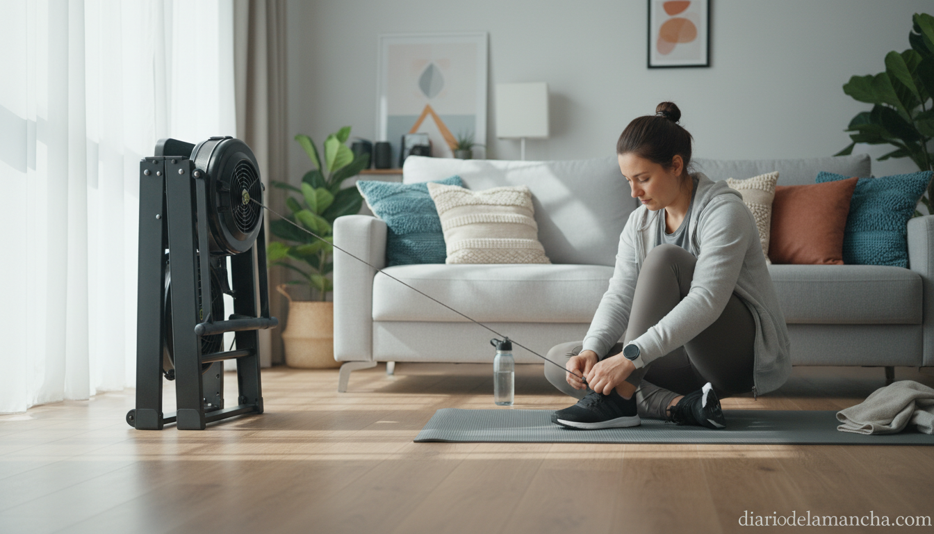 Máquina de remo indoor plegable en salón pequeño moderno