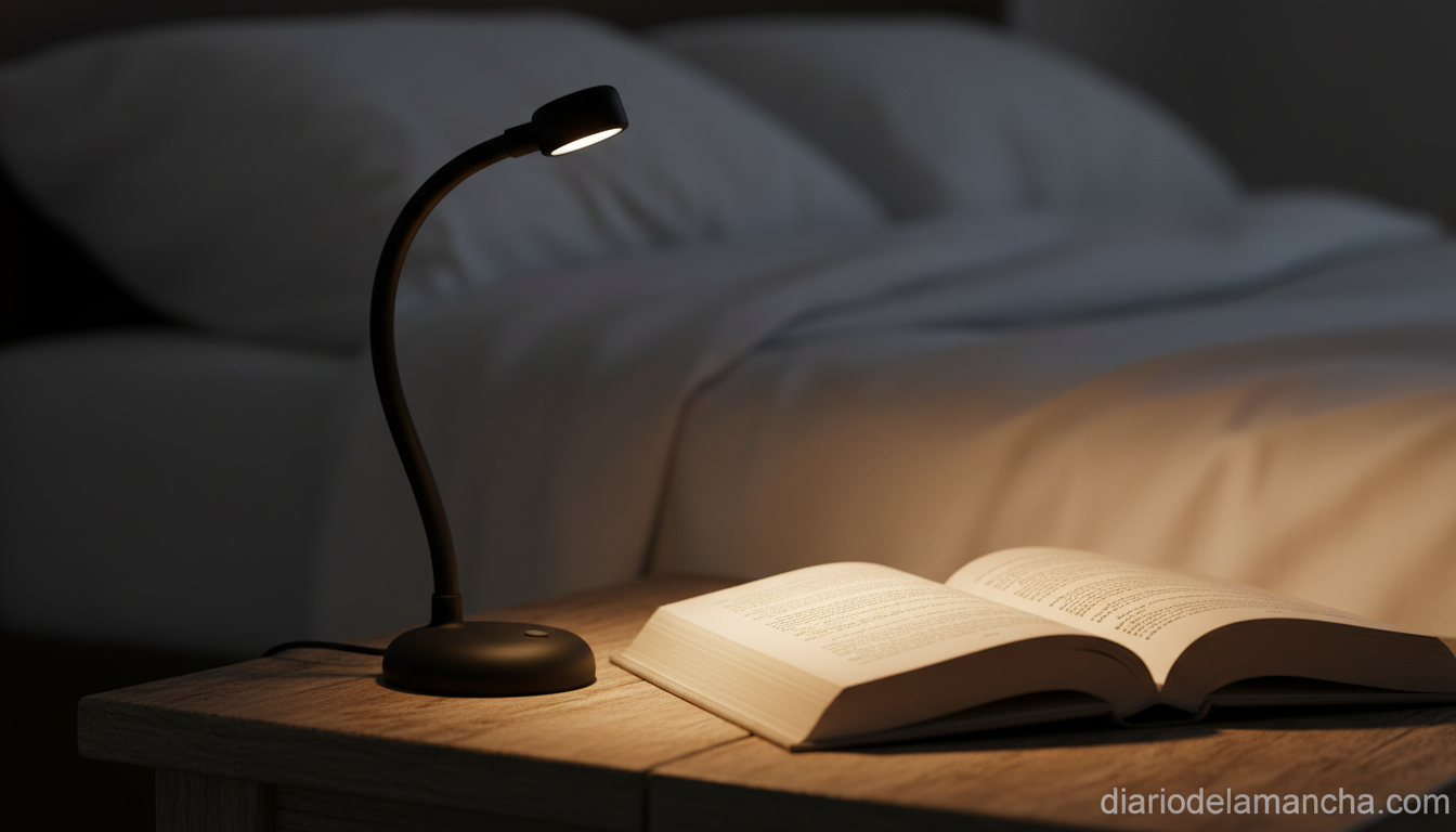 Lámpara de lectura flexible sobre mesilla de noche con libro