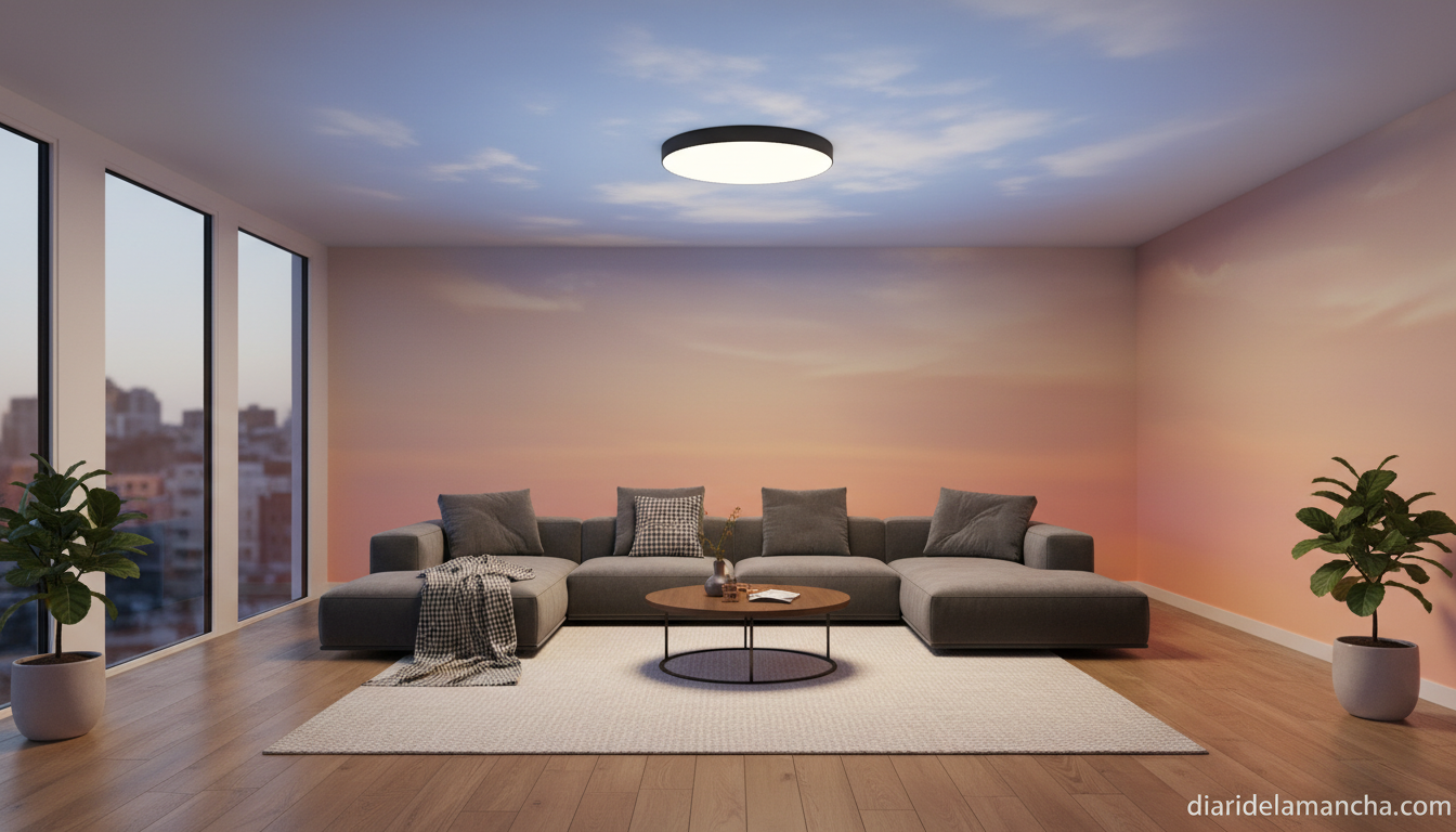 Lámpara de techo inteligente con efecto cielo en salón moderno
