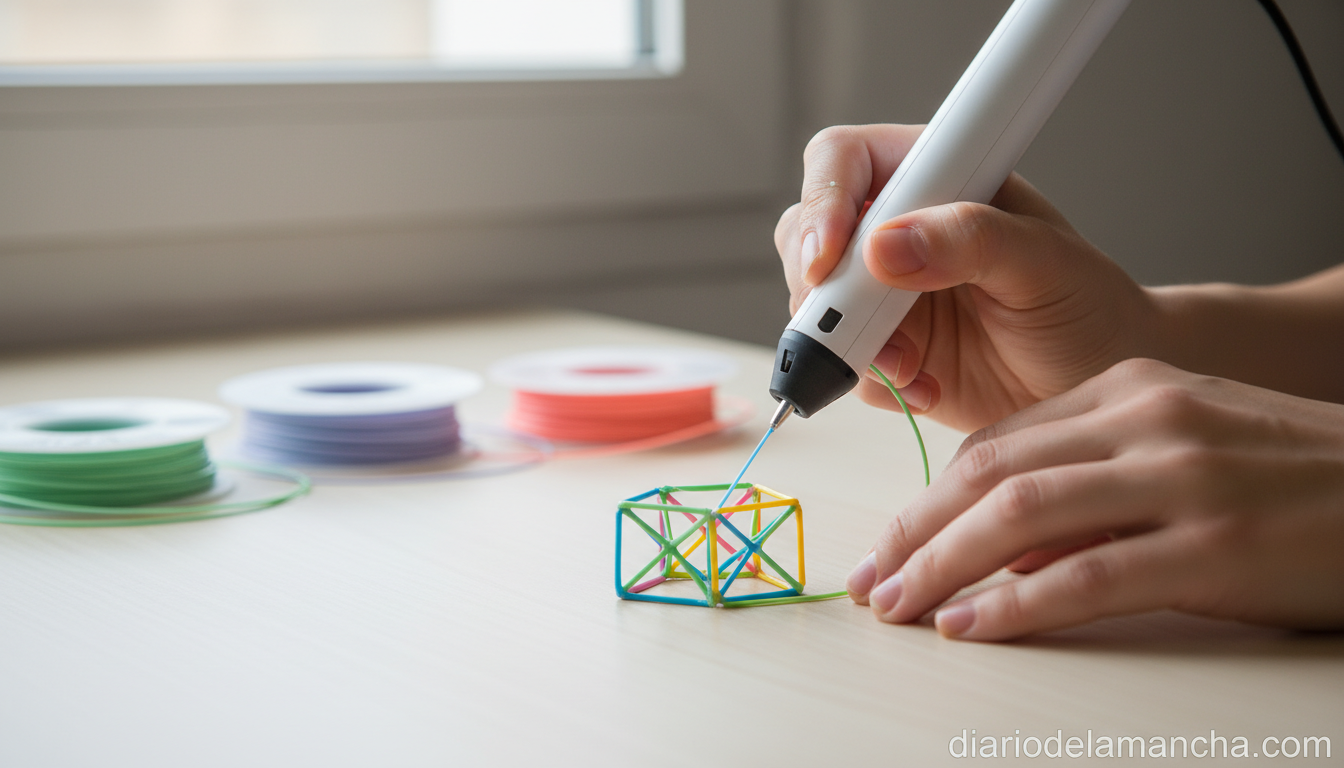 Lápiz 3D dibujando una figura tridimensional con filamento de colores sobre escritorio de madera