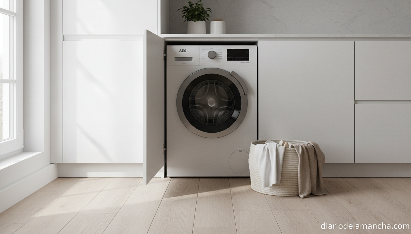 Lavadora AEG integrable instalada en una cocina moderna blanca con suelo de madera clara