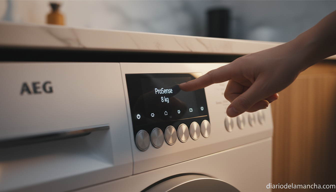 Detalle del panel de control de la lavadora AEG integrable con tecnologia ProSense