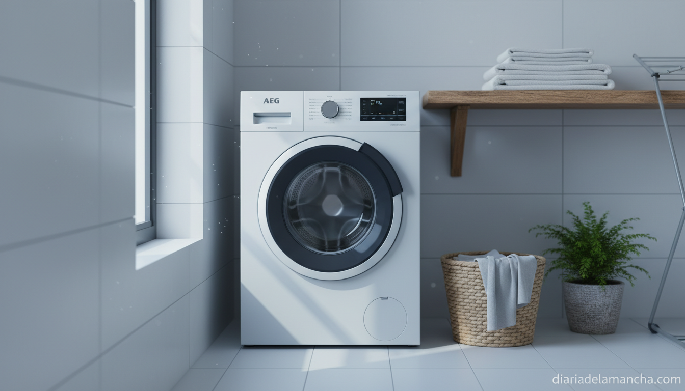 Lavadora AEG Serie 7000 ProSteam instalada en un cuarto de lavado moderno