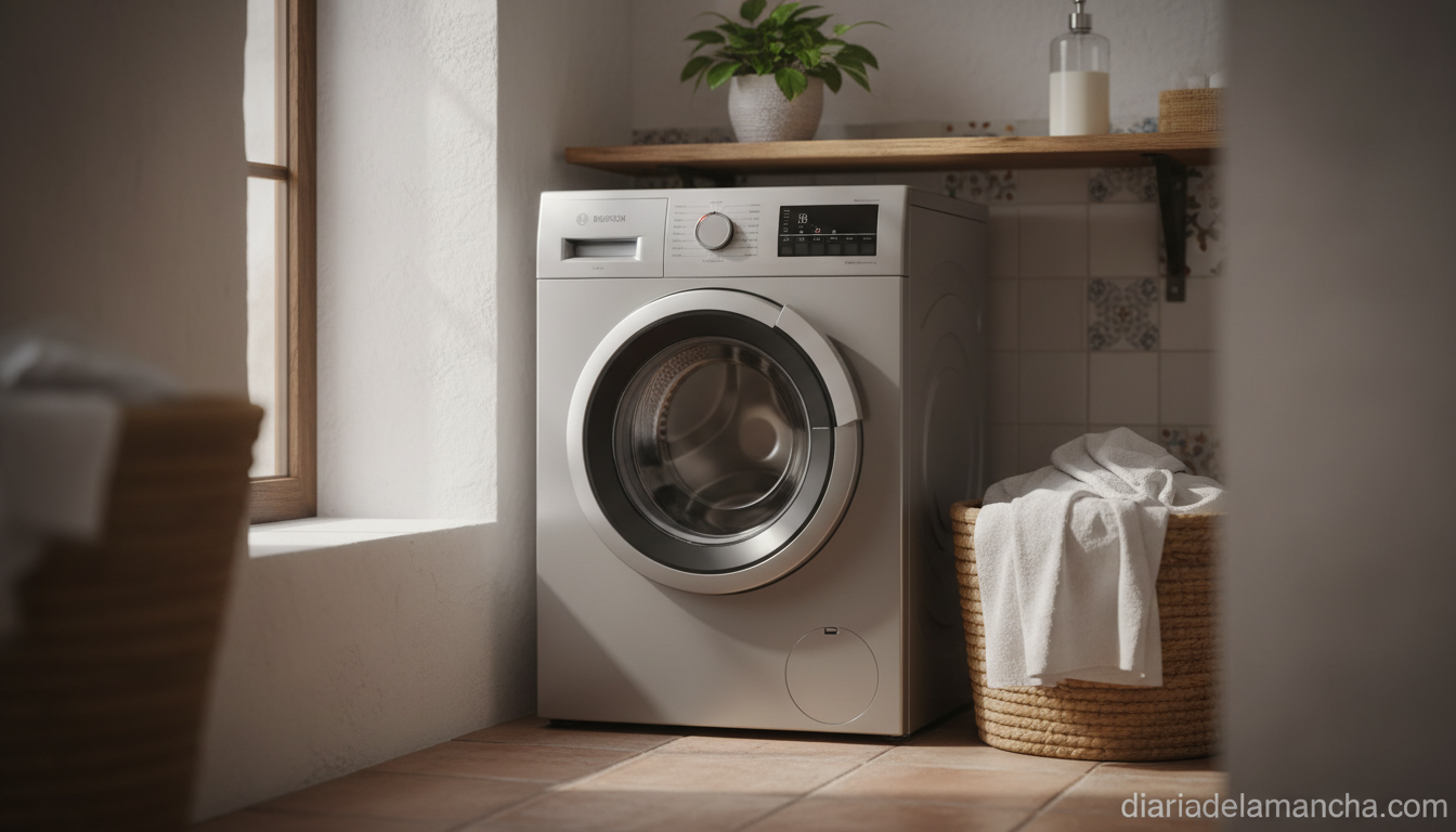 Lavadora Bosch WUU28T8XES de 8 kg instalada en cuarto de lavado doméstico con cesta de toallas y luz natural