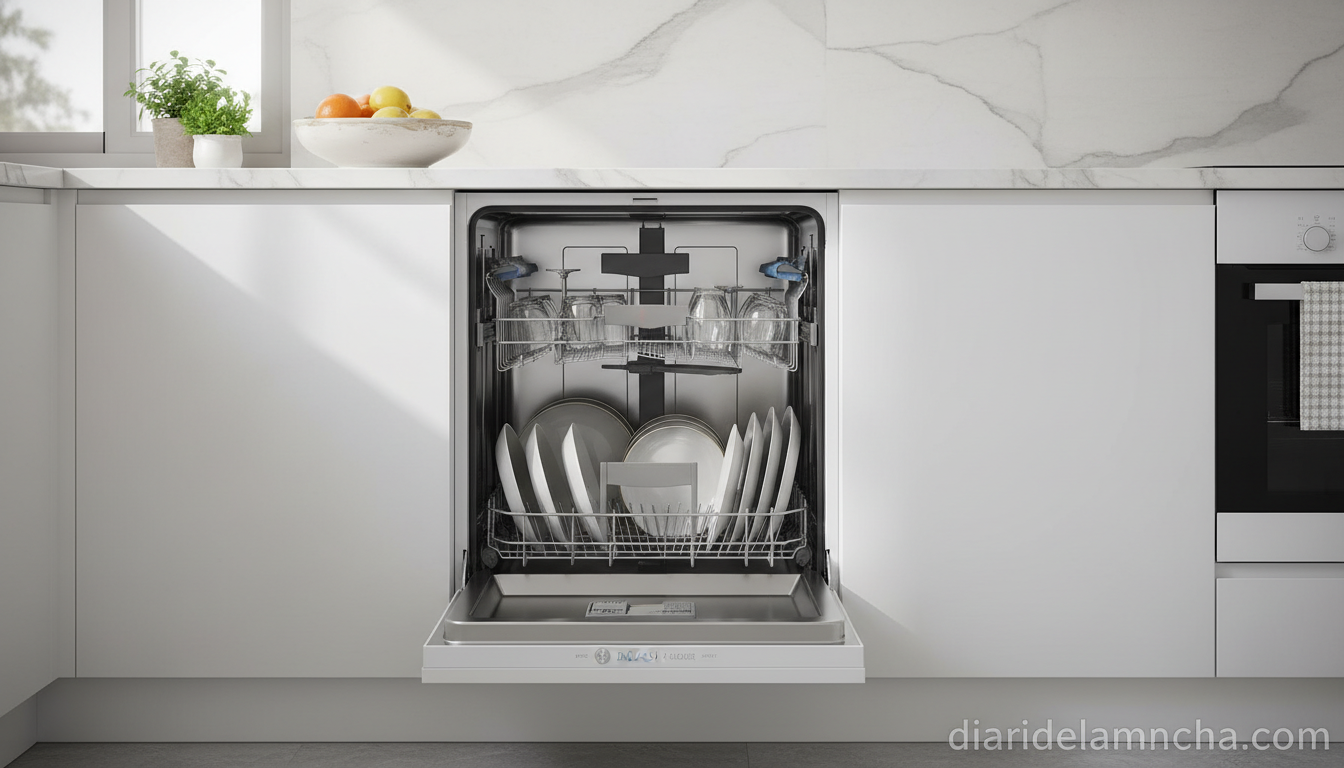 Lavavajillas Bosch integrado en cocina blanca moderna con tres bandejas extraíbles