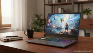 Portátil gaming Lenovo LOQ 15IRX10 sobre escritorio con teclado retroiluminado