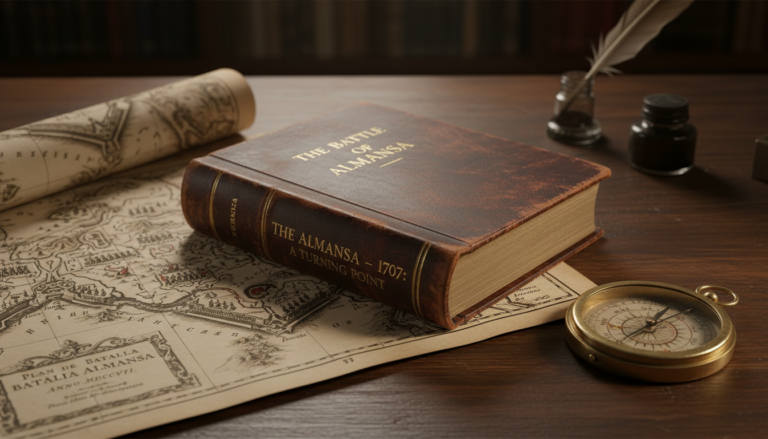 Editorial close-up photograph of a hardcover history book about the Battle of Almansa lying on a wooden desk, accompanied ...