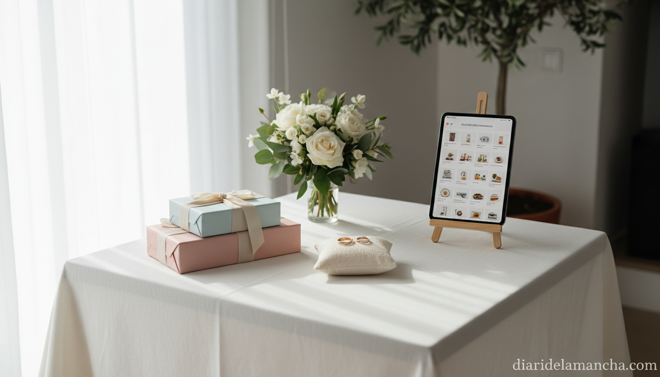 Mesa elegante con regalos de boda, alianzas y tablet mostrando una lista de bodas en Amazon