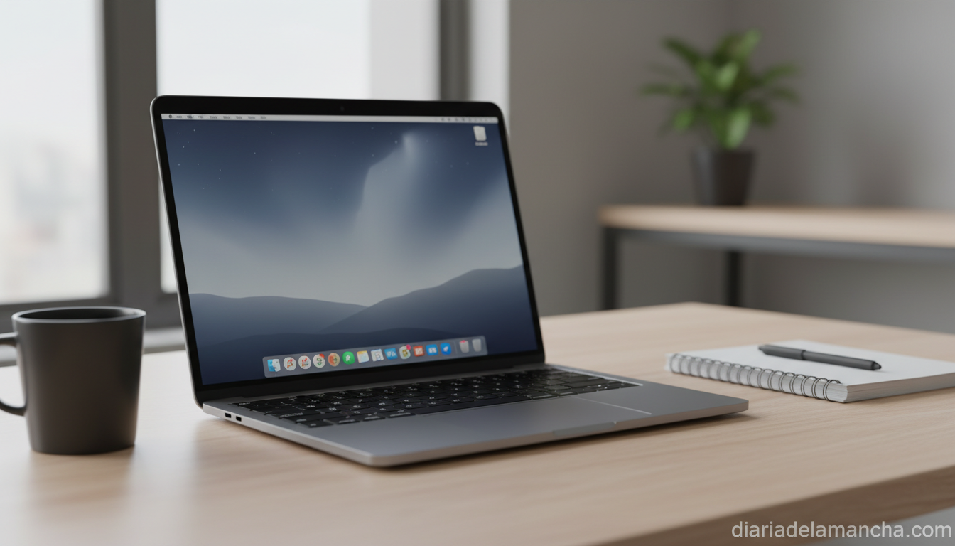 Portátil ligero estilo MacBook Neo sobre escritorio de madera con luz natural