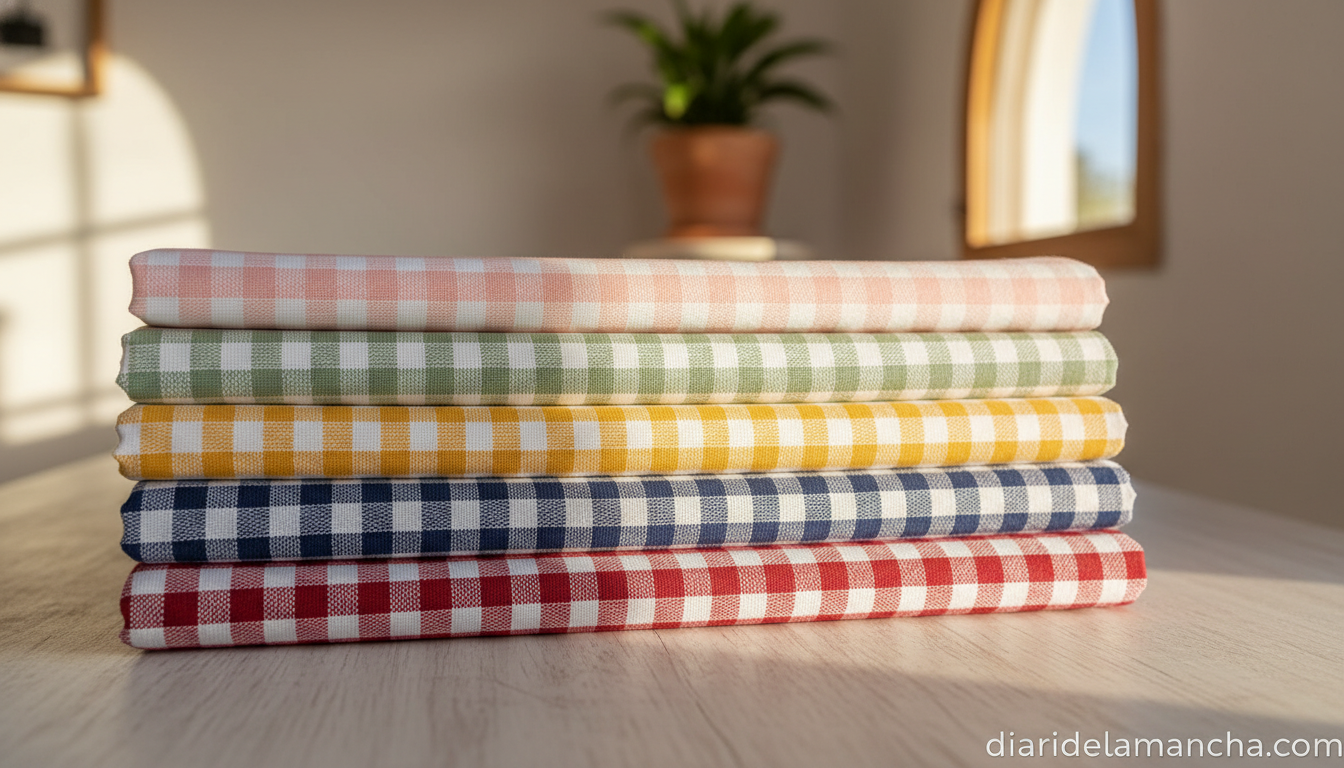Manteles vichy antimanchas en varios colores apilados en cocina