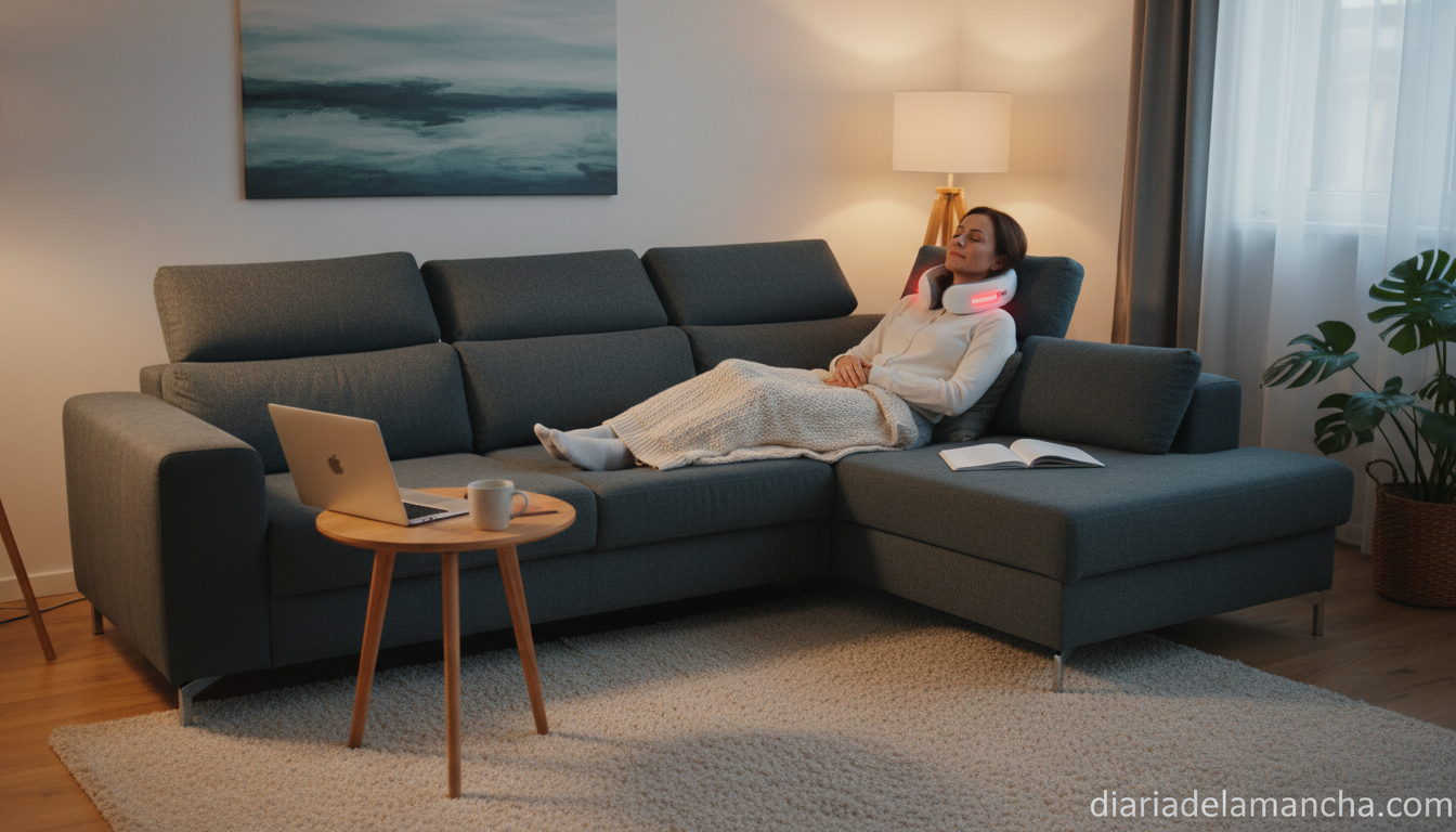 Adulto relajado en sofá con masajeador cervical Shiatsu de calor