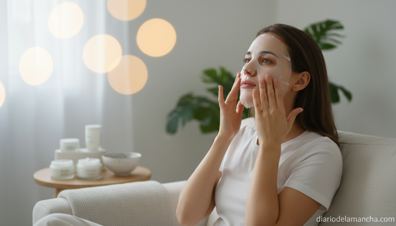 Mujer aplicando una mascarilla facial en su salón como parte de su rutina de skincare