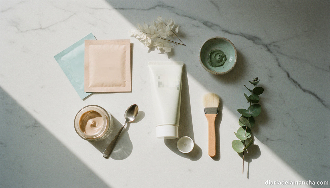 Selección de mascarillas faciales sobre encimera de baño: arcilla, sheet mask y crema hidratante