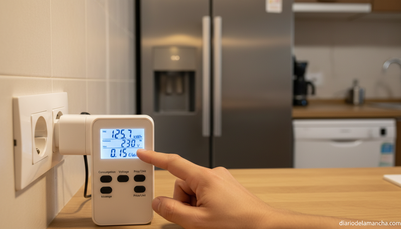 Mano configurando un medidor de consumo electrico con pantalla LCD encendida en una cocina