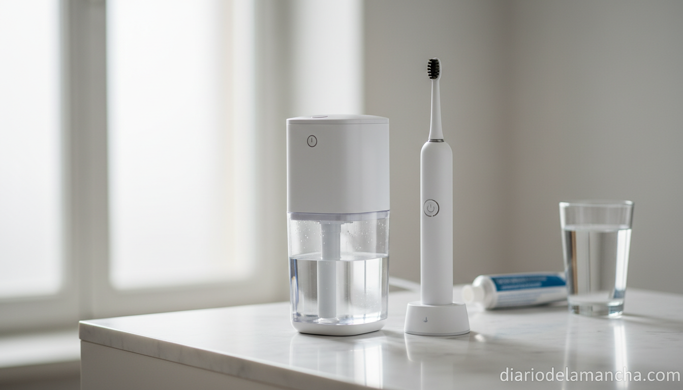 Irrigador dental moderno sobre encimera de baño junto a cepillo eléctrico, comparativa de mejores irrigadores en Amazon