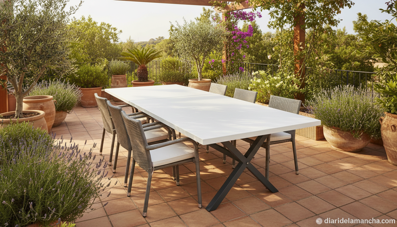 Mesa plegable de 180 cm para 8 personas: acero y HDPE por 35,95 euros 1 Mesa de jardín plegable para 8 personas montada en una terraza exterior con sillas alrededor