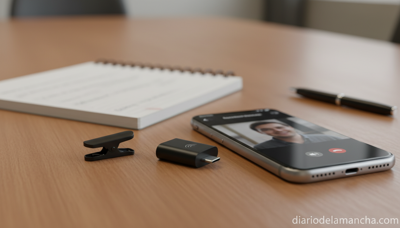 Micrófono de solapa inalámbrico con receptor USB-C sobre mesa de reuniones junto a móvil