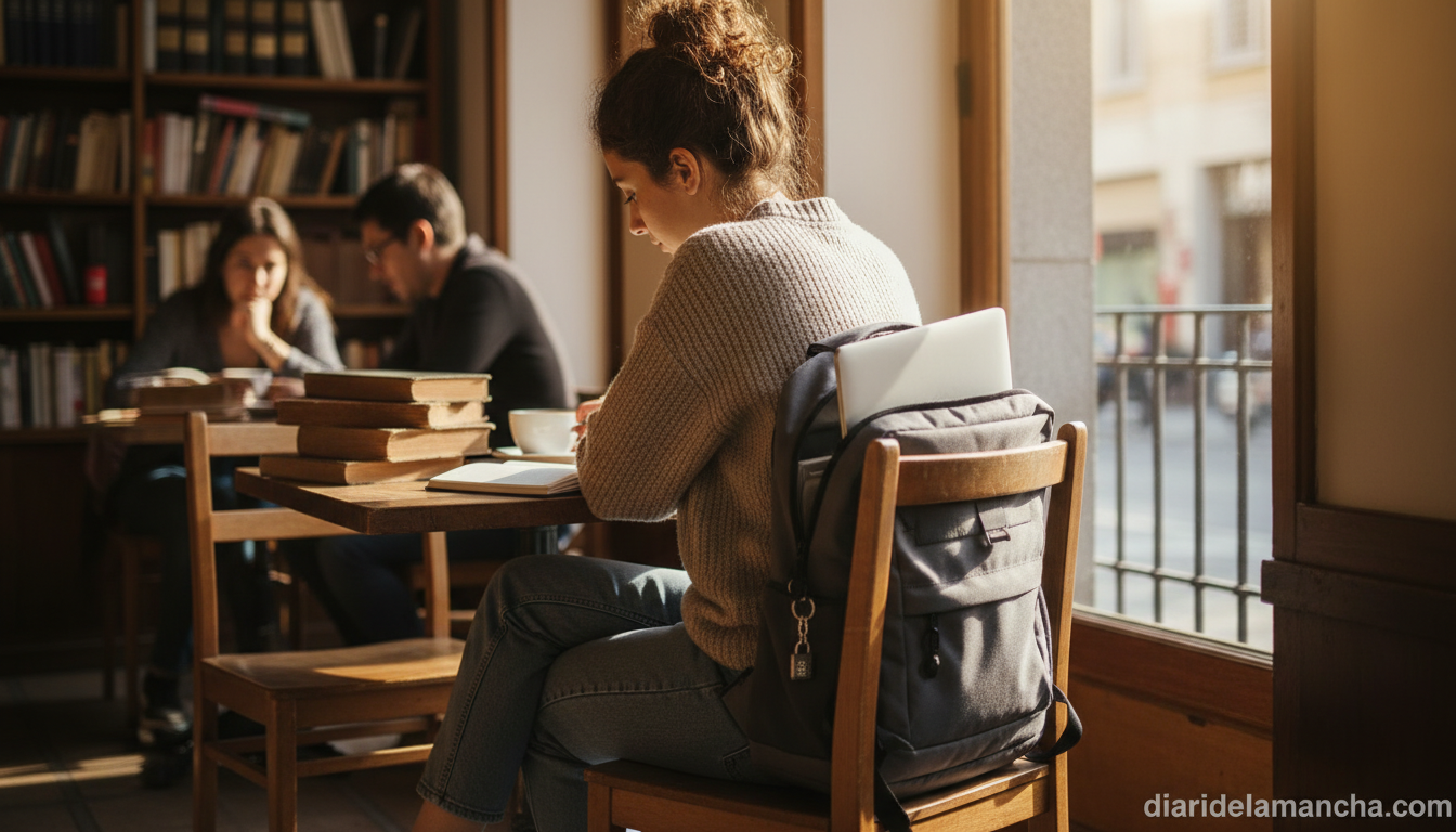 Mochila urbana gris con candado de combinación y compartimento para portátil en una cafetería