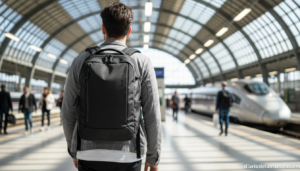 Mochila urbana negra con cremalleras ocultas y puerto USB en una estación de tren