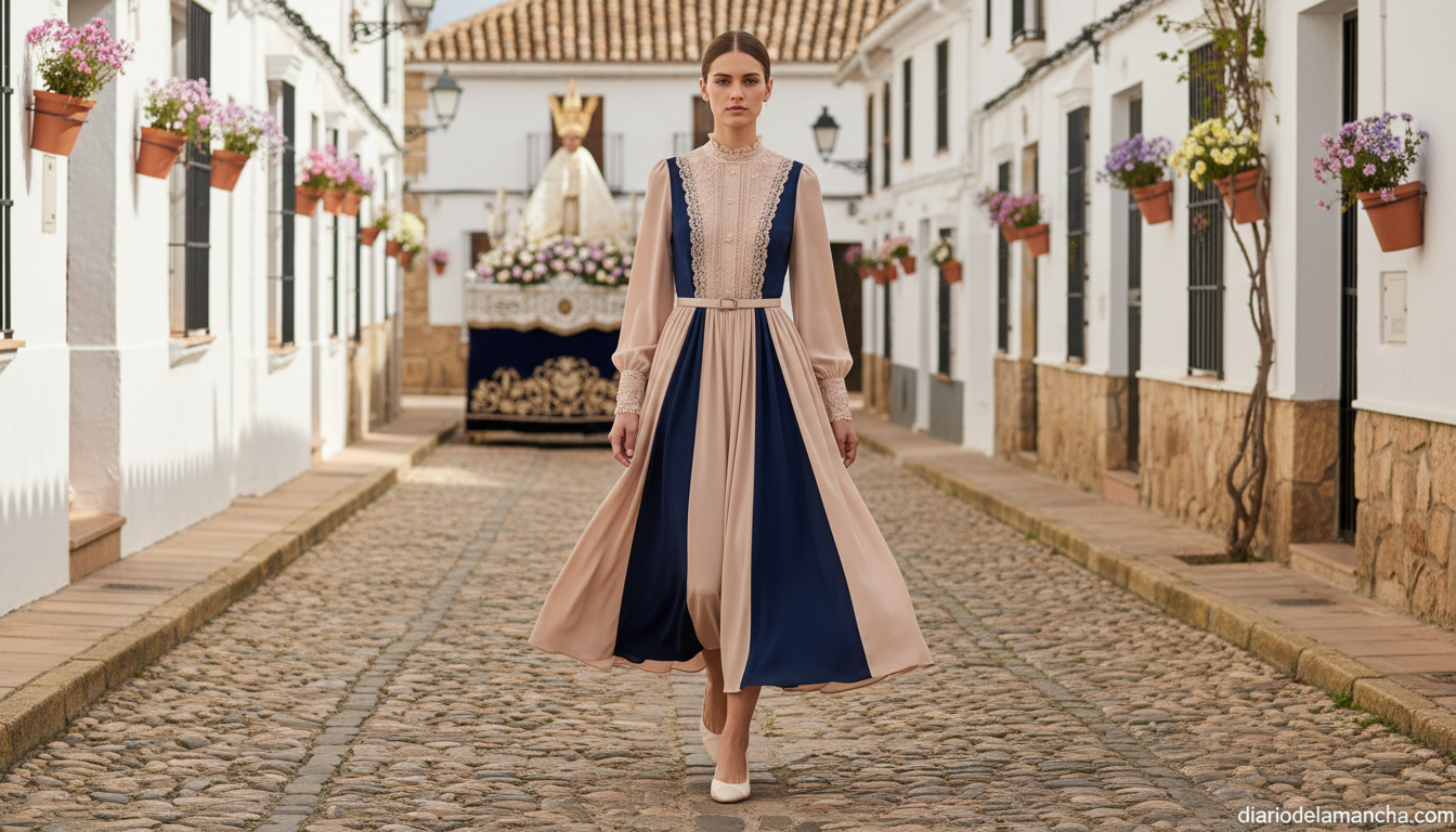 Vestido elegante de primavera para Semana Santa en una calle empedrada