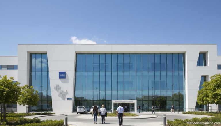 Modern public hospital exterior facade in Castilla-La Mancha (Spain), large glass entrance, clean white concrete architect...