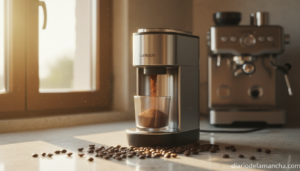 Molinillo de café eléctrico moliendo granos en una cocina con luz natural