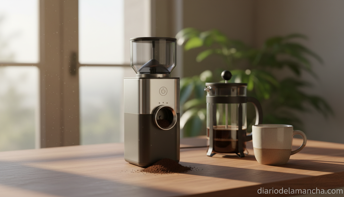 Molinillo de café eléctrico moliendo granos sobre encimera de cocina