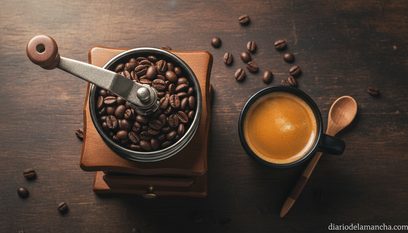 Molinillo manual de café con granos tostados junto a una taza de espresso recién hecho